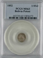 Bolivia 1852 1/4 Sol PCGS MS63 Potosi Mint