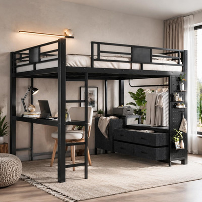Queen Loft Bed with Desk & Storage Shelves, Metal Frame, Black | Pegboard Organi