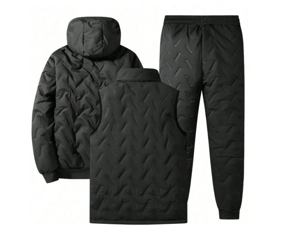 Conjunto de 3 piezas de lana de invierno para hombre chaqueta con capucha chaleco y pantalones cálidos de alta resistencia Foto 3 de 4