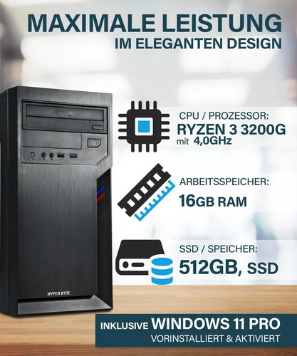 Windows 11 PRO Business PC HYPER BYTE® Intel I7 3,9GhZ 16GB RAM 512GB SSDschnell - Afbeelding 2 van 7