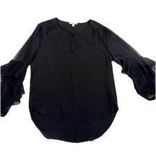 Halston Shirt Womens Large Black Ruffle Sheer Sleeve Keyhole High Low Blouse