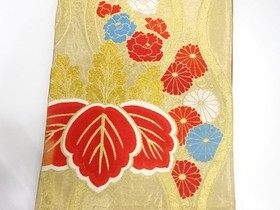 7761798: JAPANESE KIMONO / ANTIQUE FUKURO OBI / SILK / WOVEN KIKU & PAULOWNIA