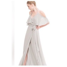 Joanna August Bridesmaid Wrap Dress Gray M Chiffon Fairy Flutter Off Shoulder