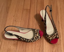 Nine West Women Shoes, Cow Fur Leopard Peep Toe Heel Pumps, Red Platform Sz 7.5M