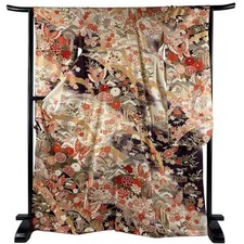 Vintage Japanese Furisode Kimono Butterfly Floral Gold Purple Silk from Japan