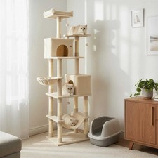 80" Tall Cat Tree w/2 Condos Sisal Scratching Posts Plush Perch Hammock Basket