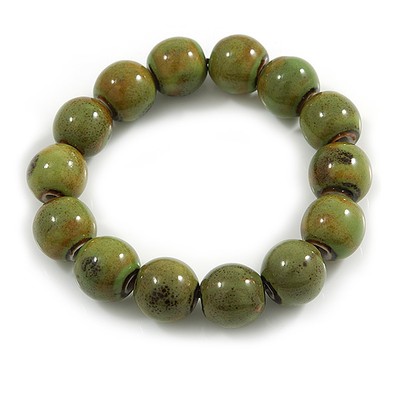 Flexarmband 15 mm Militärgrün Rund Keramik Perlen - Größe M