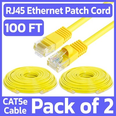 2 Pack Cat5e Patch Cord Yellow 100 Feet Lan Ethernet Cable Network Internet RJ45