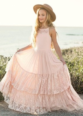 Girls Joyfolie Blush Pink Lace Maxi Dress, US Size 7