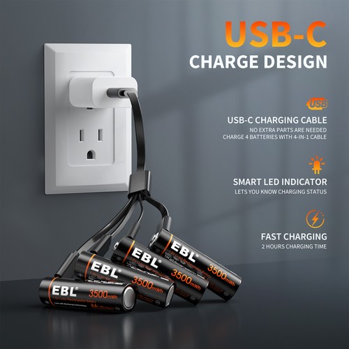 EBL 1.5V AAA AA Batteries USB Rechargeable Charging By USB Li-ion w/ Cable Lot - Picture 11 of 24