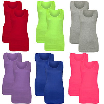 2er PACK DAMEN WESTE DAMEN BAUMWOLLE STRETCHIG GERIPPT T-SHIRT CAMI FREIZEIT TANK TOPS