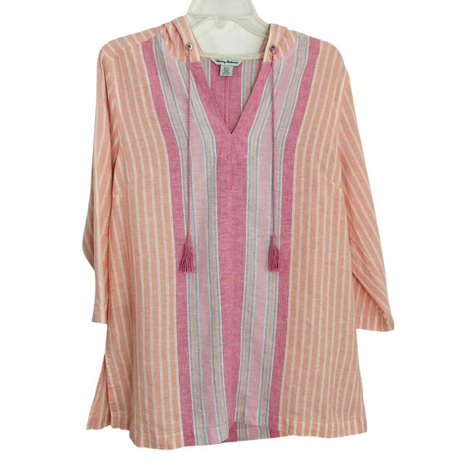 Tommy Bahama Rayas Baja Sudadera con Capucha Top Talla Pequeña Rosa Lino Algodón Playa Verano Foto 2 de 4