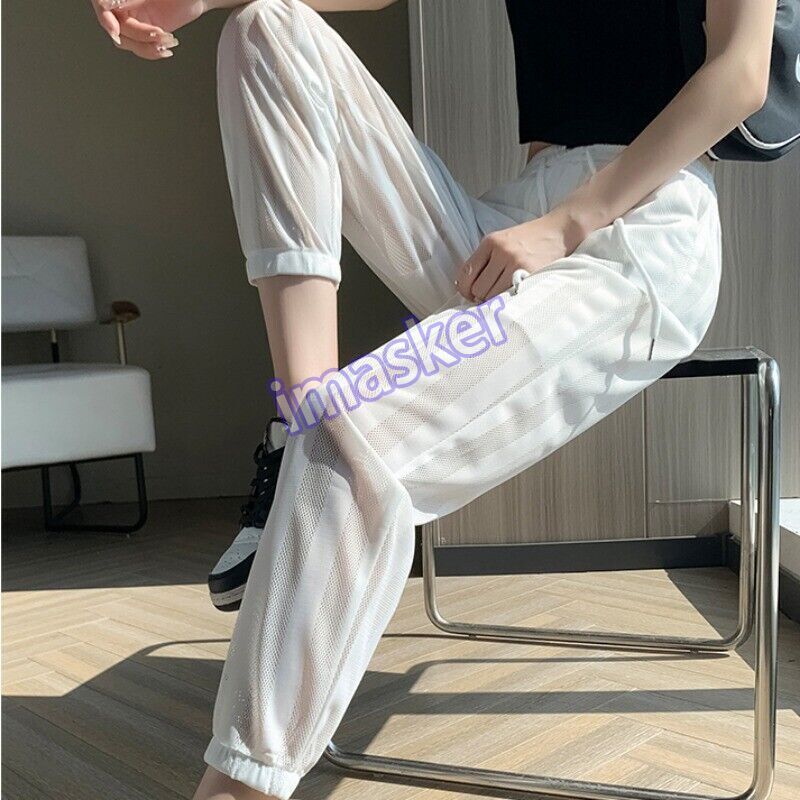 Women Drawstring Sheer Striped Ankle Pants Quick Dry Sports Trousers Thin Summer