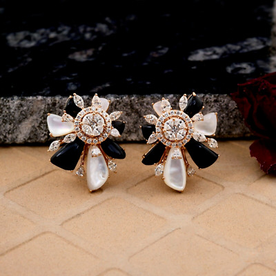 SI/H Diamond Black Onyx Mother of Pearl Earrings 14k Rose Solid Gold 14.49 Tcw