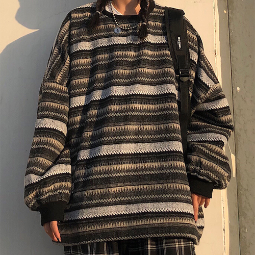 Y2K Hip Hop Sweaters Women Vintage Striped Long Sleeve Oversize Knit Sweater  | eBay
