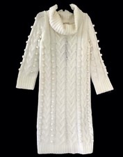Farm Rio NWT White Midi Sweater Dress Ivory Small Chunky Cable Knit Fringe NWT