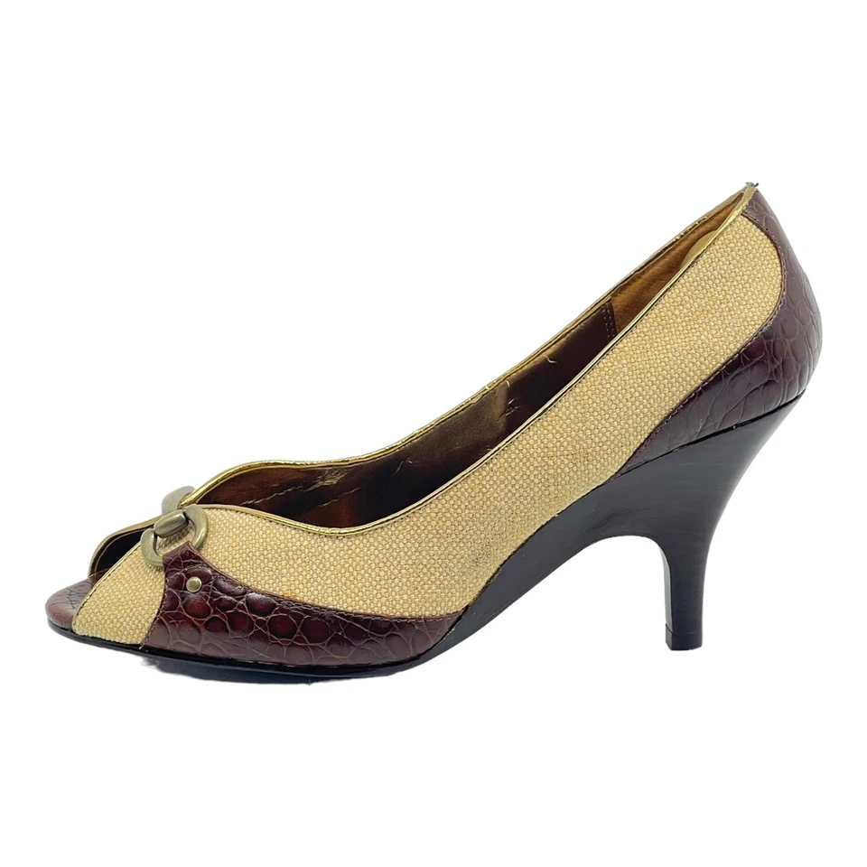 LIZ CLAIBORNE 女式 9.5 帆布和皮革露趾高跟鞋穿鞋深受喜爱 — 第 4/4 张图片