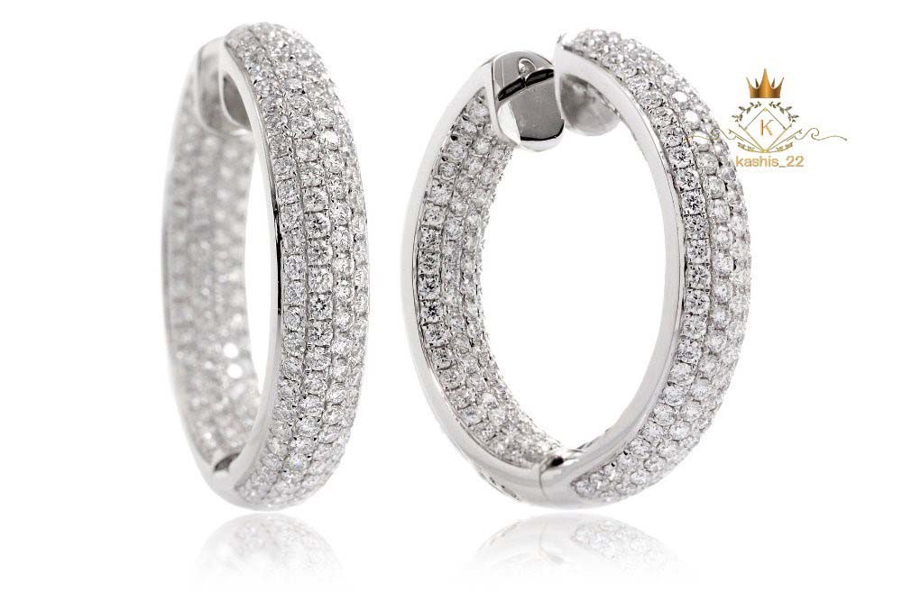 3.40 CT Round Cut Moissanite Inside Outside Hoop Earrings Solid 14K White Gold