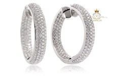 3.40 CT Round Cut Moissanite Inside Outside Hoop Earrings Solid 14K White Gold