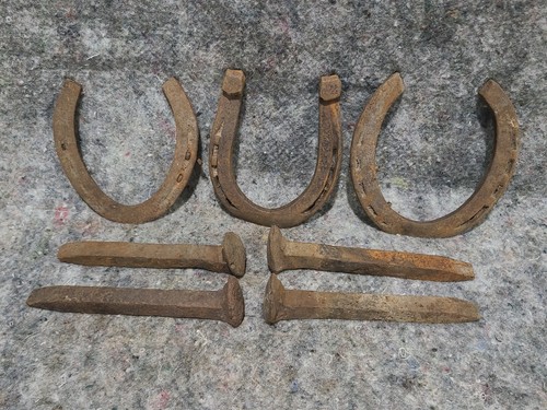 Lot of 6 Rusty Vintage Horseshoes with 4 Railroad Spikes/Some Nails