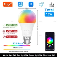 Tuya Bluetooth LED Bulb Dimmable 15W 18W E27 B22 220V RGBCW Color Change Lamps S