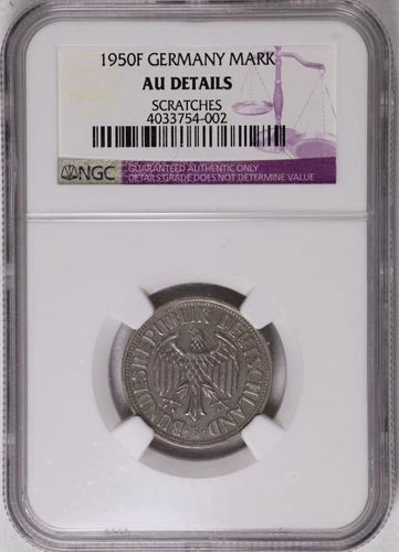 1950-F Germany 1 Deutsche Mark Copper-Nickel Coin KM# 110 NGC AU Details