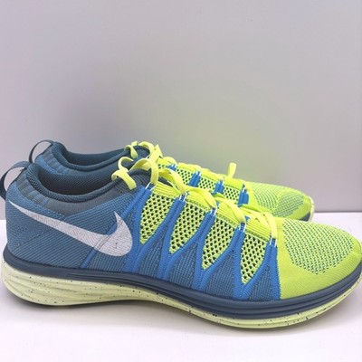 Nike Flyknit Lunar1+ Mens 12.5 Electric Green Blue Running Shoes 620465-714