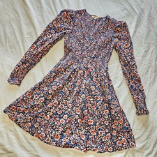 Boden Shirred Bodice Floral Dress 6R Long Sleeve Puff Shoulder V-Neck Mini Boho