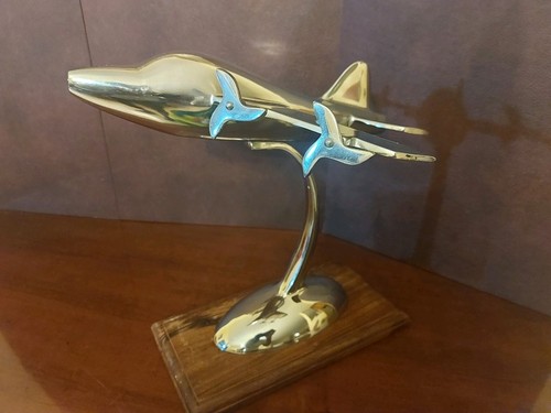 Vintage Chrome Model of a Jet Plane on a Polished Wooden Base - Afbeelding 3 van 24