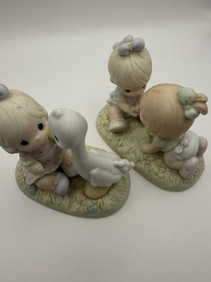 Precious Moments Figurines Lot of 2 Girl Goose & Crawling Babies Bisque Enesco