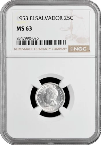 El Salvador 25 centavos 1953, NGC MS63, "Republic of El Salvador (1919 - 2001)"
