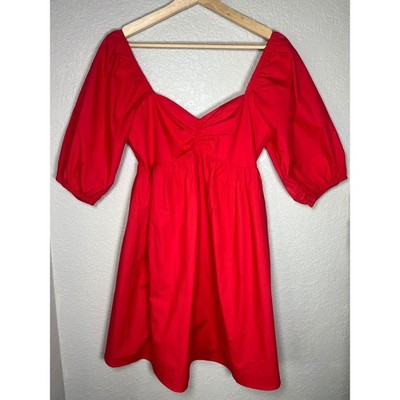 Petal + Pup Red Cotton Puff Sleeve Sweetheart Smocked Back Mini Dress M Coquette