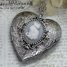 Heart Silver Blue White Kitten Cat Gothic  Necklace Photo Bride bridal wedding