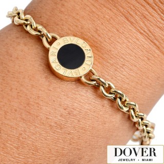 BVLGARI Italian Onyx 18K Yellow Gold 8" Logo Station Chain Bracelet 24.8 Gr NR