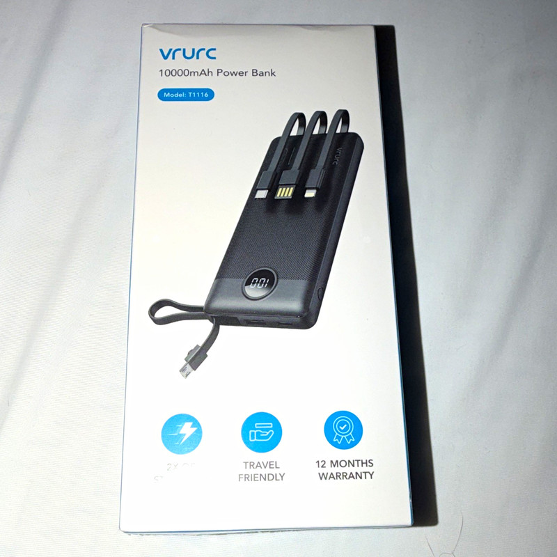 vrurc 10000mAh Fast Charge Power Bank T1116 Built-In Cables 4-Port Black