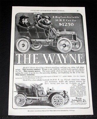 1905 OLD MAGAZINE PRINT AD, THE WAYNE 16 H.P. TOURING CAR, BIG & COMFORTABLE!