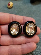 Vintage CHRISTIAN DIOR CLASSIC Black Enamel And Rhinestone Designer Earrings