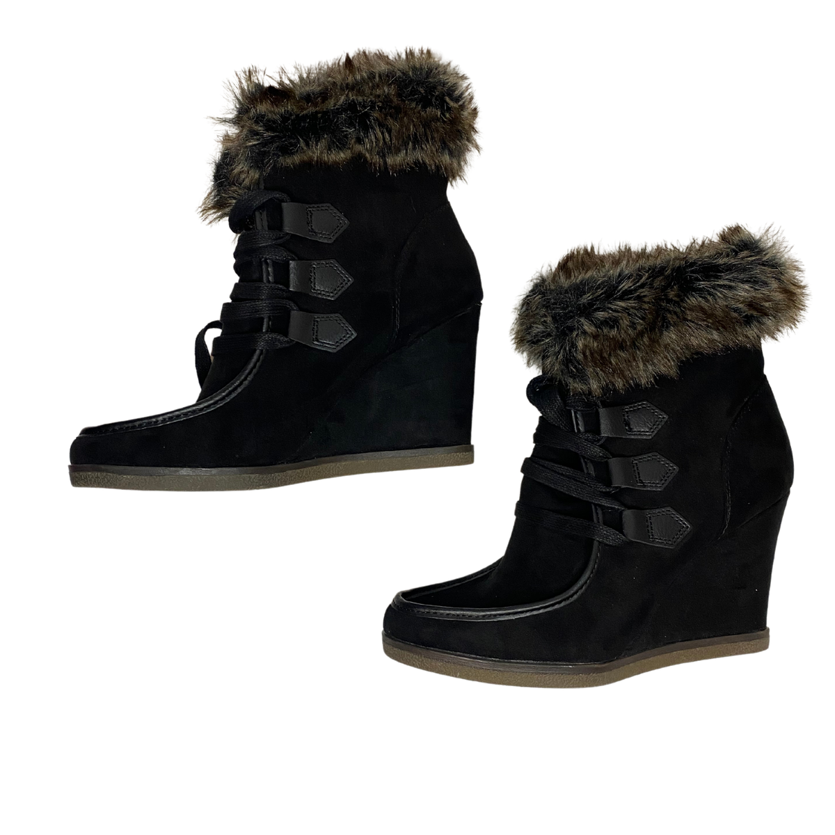 Merona Faux Fur Suede Wedge Winter Boots Size Black/Camel Heeled Booties