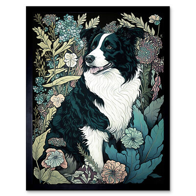 Border Collie Dog Wildflower Field Modern Framed Wall Art Picture Print 9X7 In