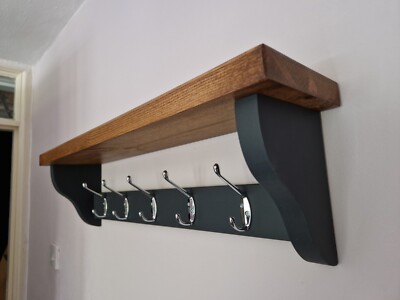 Garderobe + Ablage 5 Chrom Doppelhaken, dunkle Eiche Wachs & Anthrazitgrau