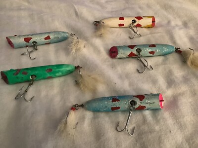 ebay vintage fishing hooks Five (5) Vintage Fishing Lures Jigs Wood Hand Painted Fish Hooks