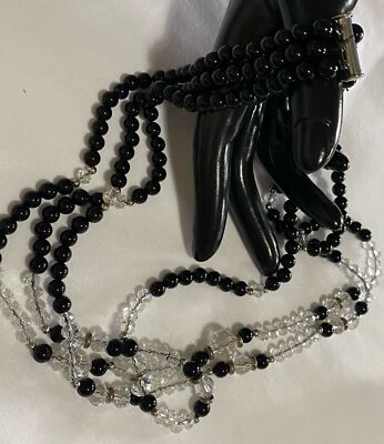 BLACK & CLEAR Glass Bead Triple Strand 20 - 22  Long Necklace w/ SS 925 Clasp