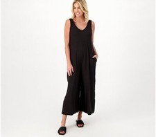 Cuddl Duds Regular Wide Leg Flexwear V-Neck Jumpsuit-Black-XL-NEW-A587647