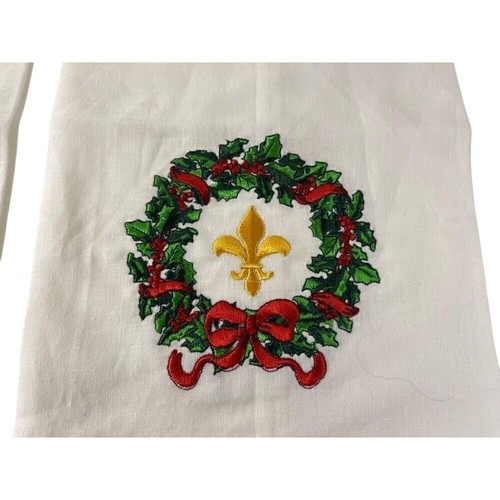 Vtg Linen Embroidery Needle Work Fleur de Lis Hand towels Christmas Wreath - Picture 2 of 4