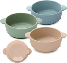 Baby Bowls with Suction, 3 Pack Led Weaning Supplies, Soft Silicone Blue