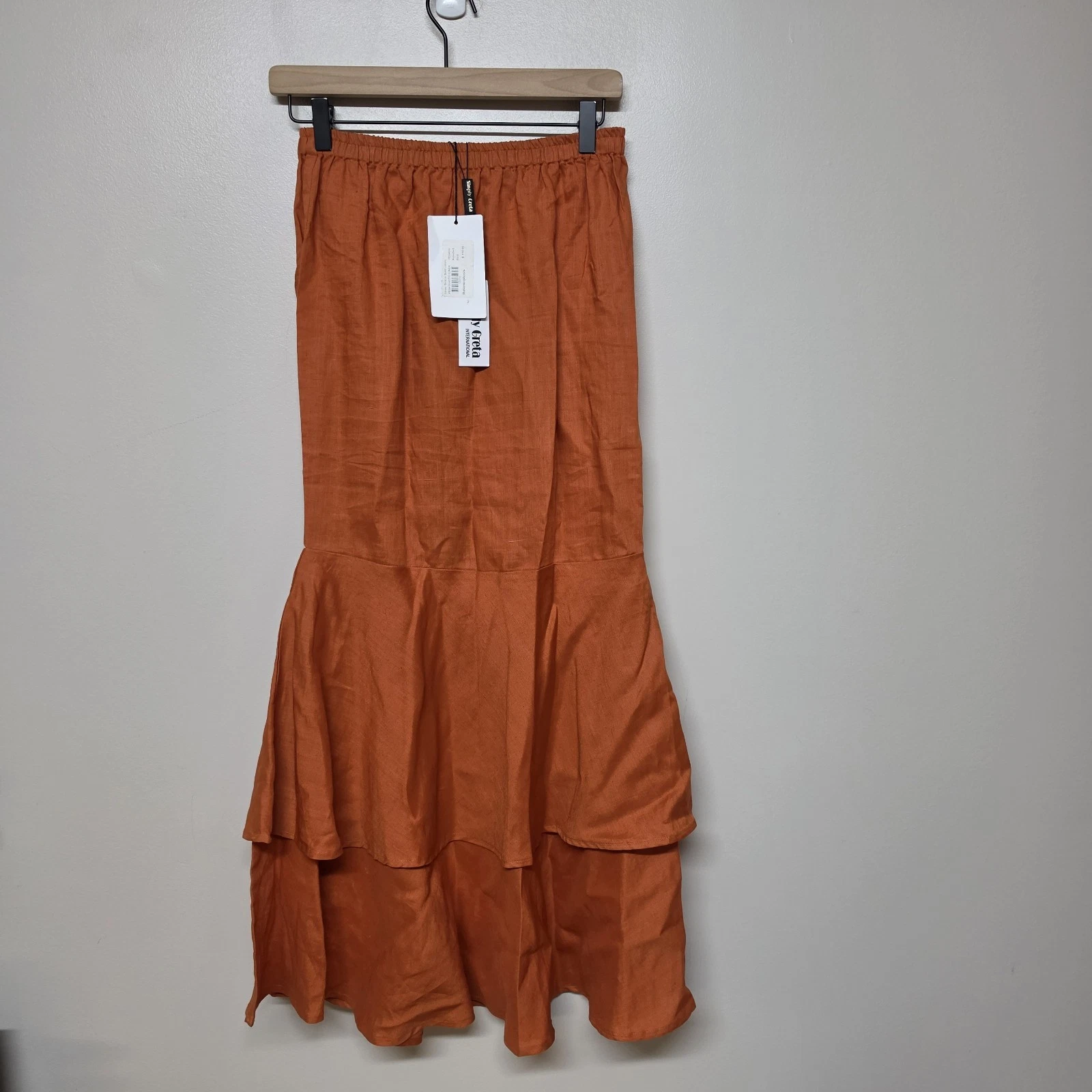 Simply Greta Linen Skirt M Burnt Orange Tiered Midi Boho Elastic Waist NWT