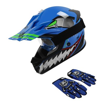 Youth ATV Helmet Goggles Gloves DOT Full Face Off-Road UTV Motocross Blue Shark