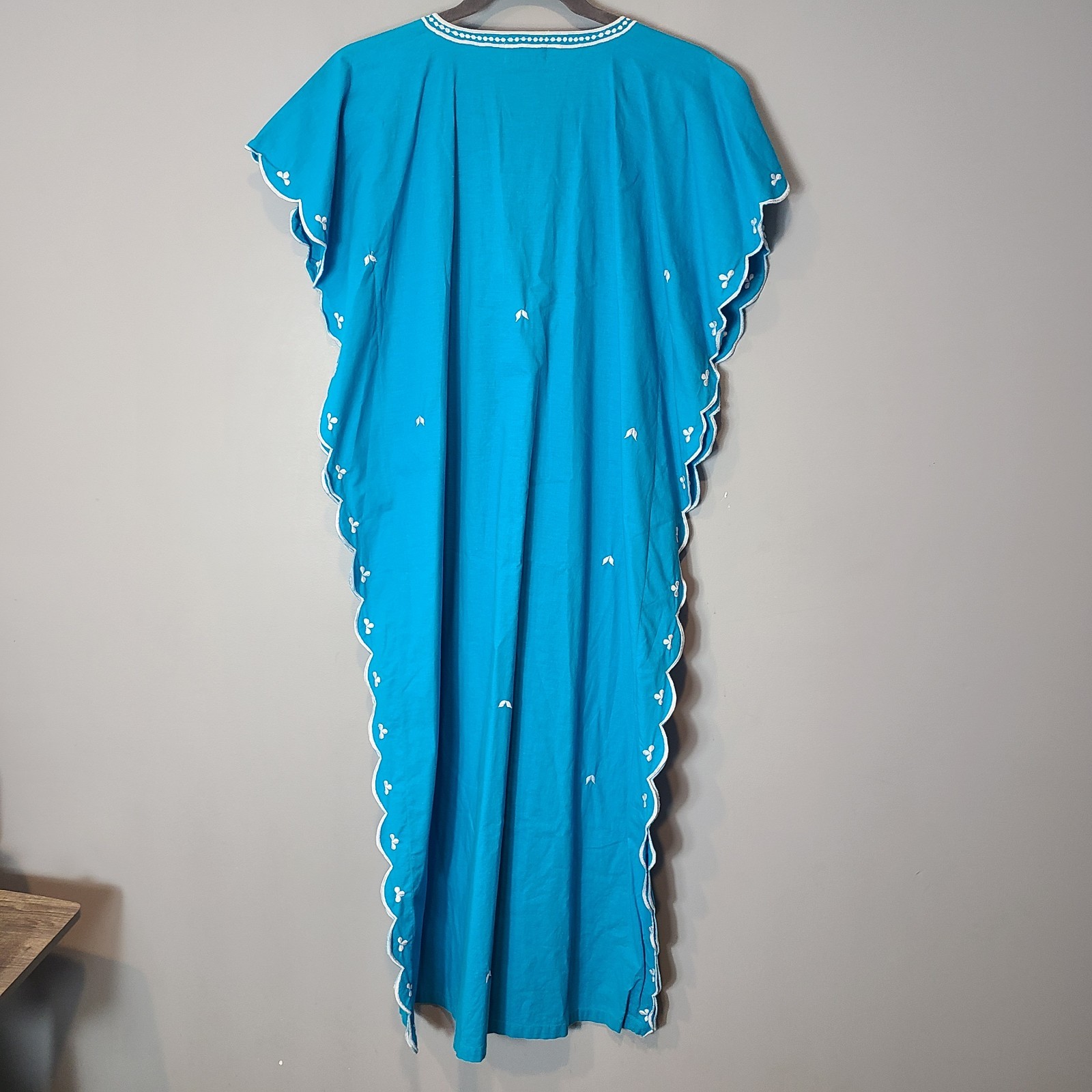 Vtg Kaftan Floral Embroidered Cottage Maxi Dress Sz Small Resort Cover Up Blue