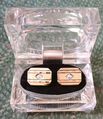 Men s Gold Color Rectangle Stone Cuff Links w/Clear Case (Never Used)