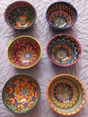 NEU UND VERPACKT Vintage Stil Set 6 chinesische Keramik Teetassen mehrfarbig marokkanisches Fliesen-Design